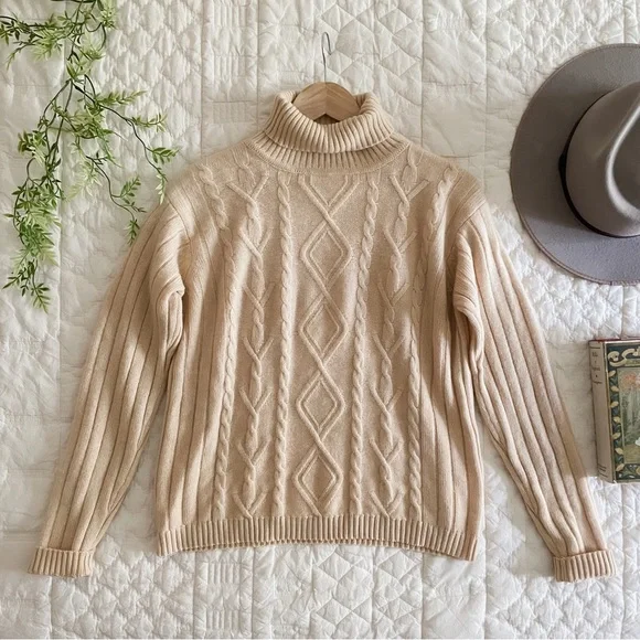Cozy Cashmere Lochmere Cable Knit Turtleneck Sweater - Cream - Picture 2 of 6
